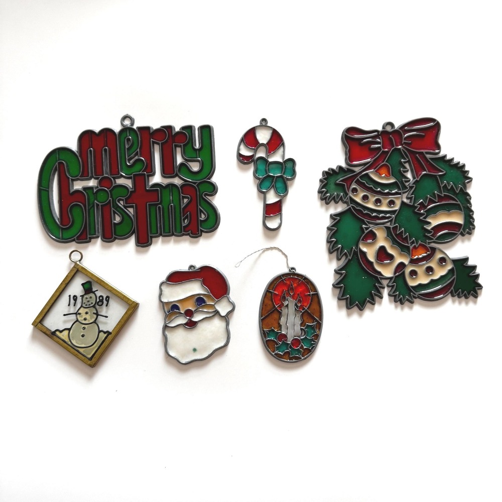 Vintage Stained Glass Christmas‎ Ornaments: Santa, Snowman, Set of  6